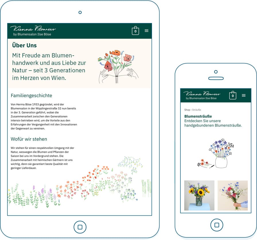 Vienna Flowers Webseite auf einem Tablet und Smartphone