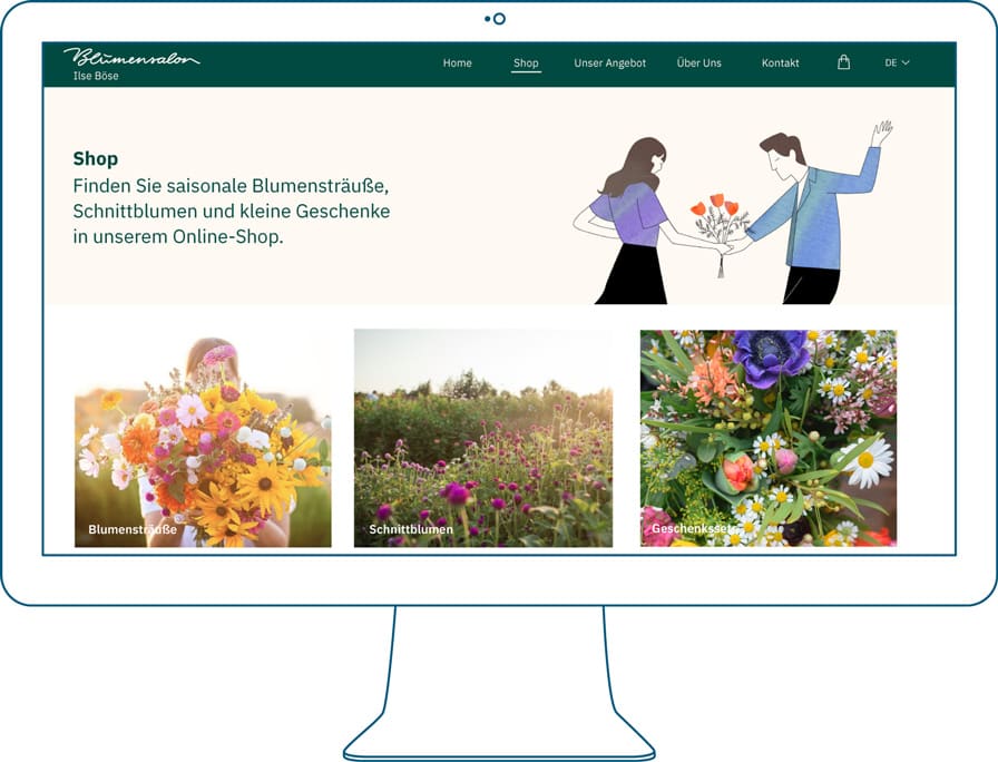 Vienna Flowers Shopseite auf einem illustrierten Monitor