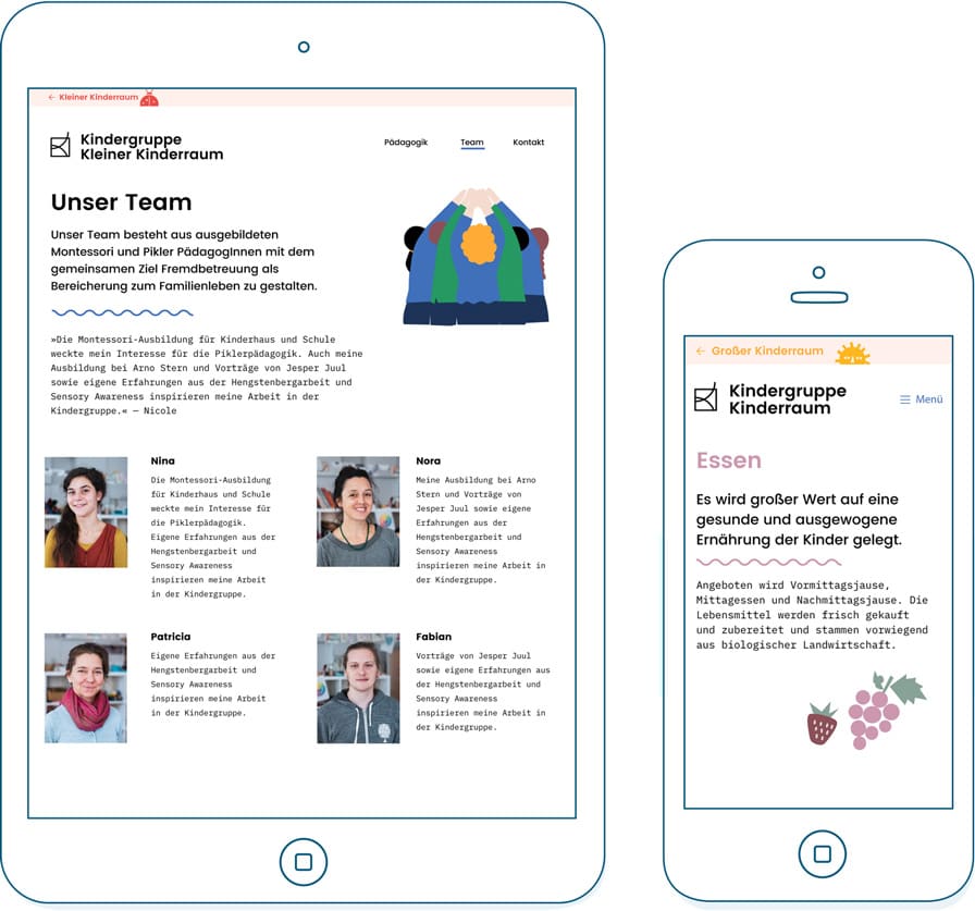 Kindergruppe Kinderraum Team- und Essensseite auf einem Tablet und Smartphone