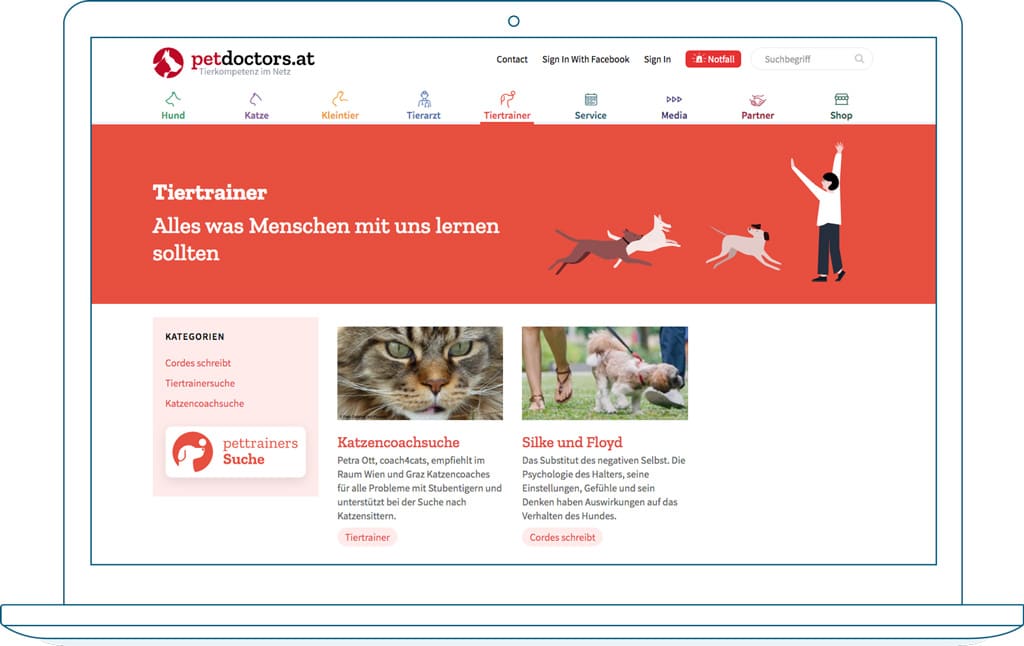 Petdoctors Kategorieseite auf einem illustrierten Laptop