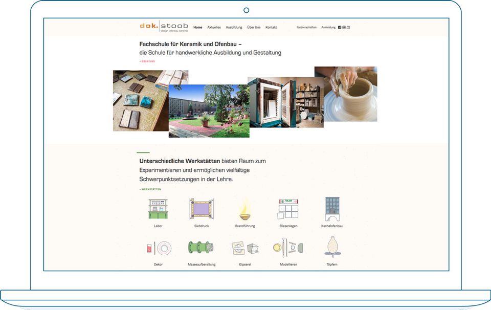 Keramikschule Stoob Webseite auf einem illustrierten Laptop