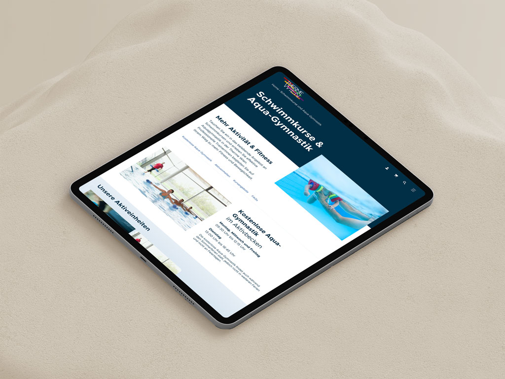 Therme Wien Mockup i-Pad mit Unterseite: Schwimmkurse und Aquagymnastik