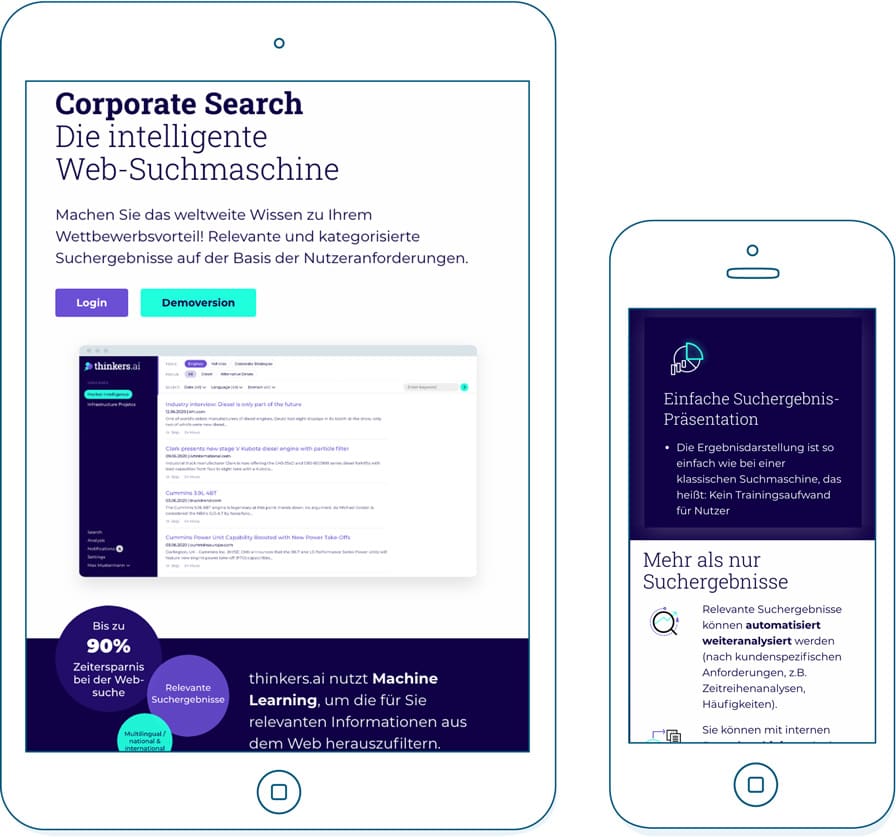 Thinkers Webseite auf einem Tablet und Smartphone