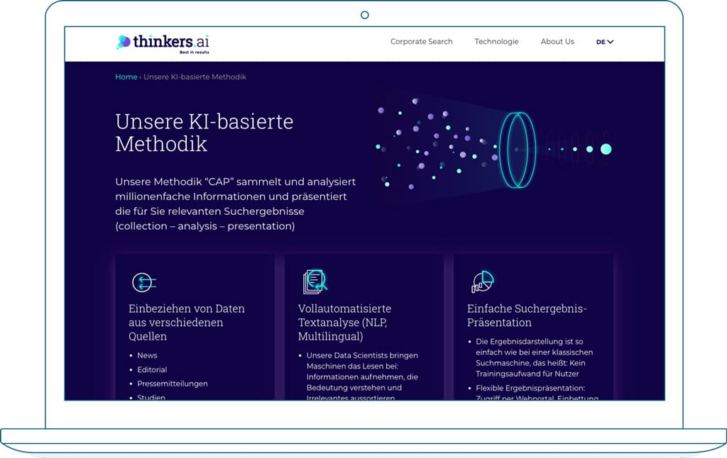 Die Thinkers Technologie Seite auf einem illustrierten Laptop